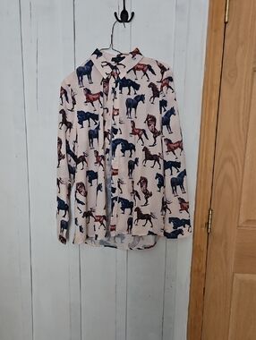 Fashion Express Light Pink Beige Button-Down Shirt with Navy & Brown Horse Print